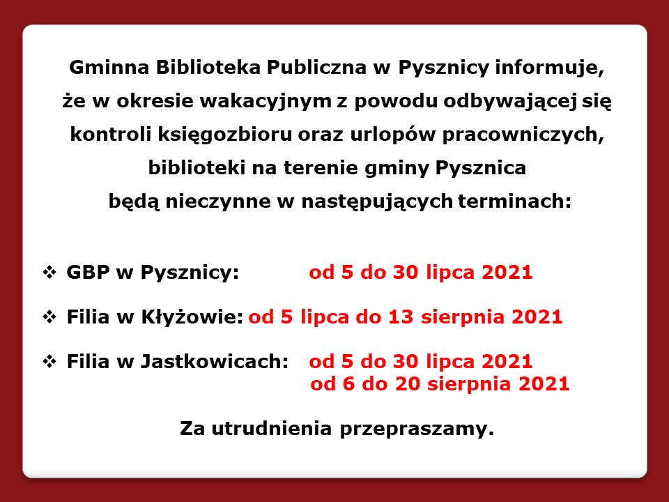 Czas pracy bibliotek w okresie wakacyjnym